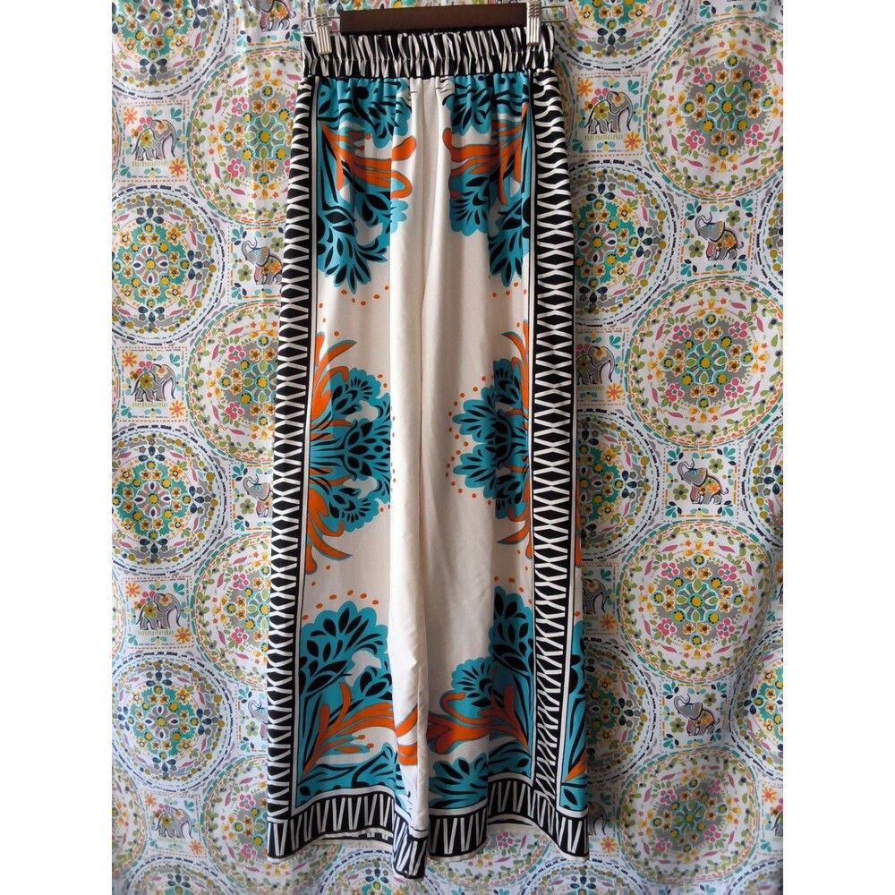 Sweet Rain Palazzo Pants Size Sm Orange Turquoise Brown Boho Wide Leg